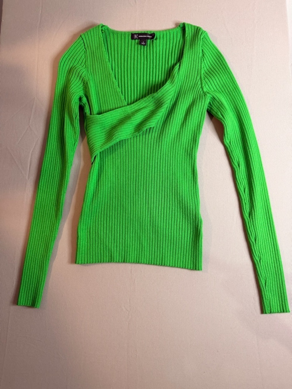 INC International Concepts Women’s Vibrant Green Ribbed Top Size S Long Sleeve